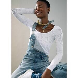 by Anthropologie White Floral Seamless Long Sleeve Boat Neck Top  Womens Small